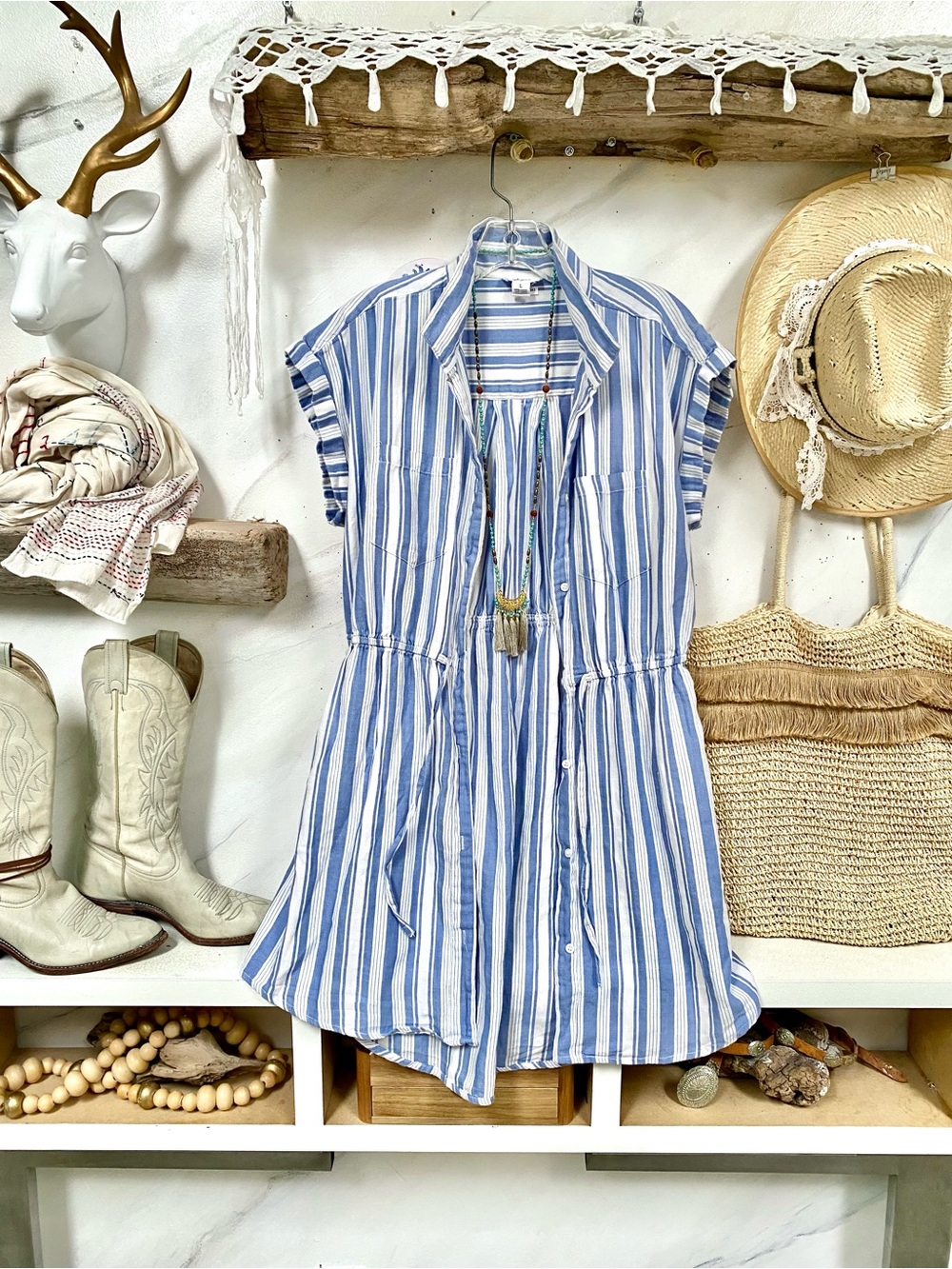 Stripe boho dress/cover up w resort vacay shabby chic costal Mediterranean vibe